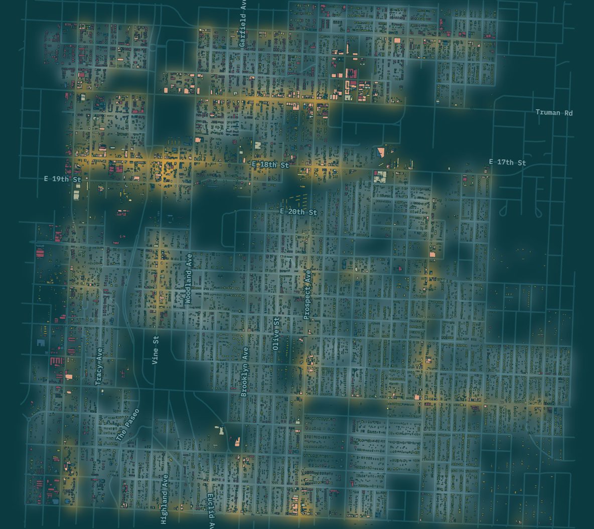 The east side of Kansas City in 1950. Yellow glow: a business. White glow: a home.