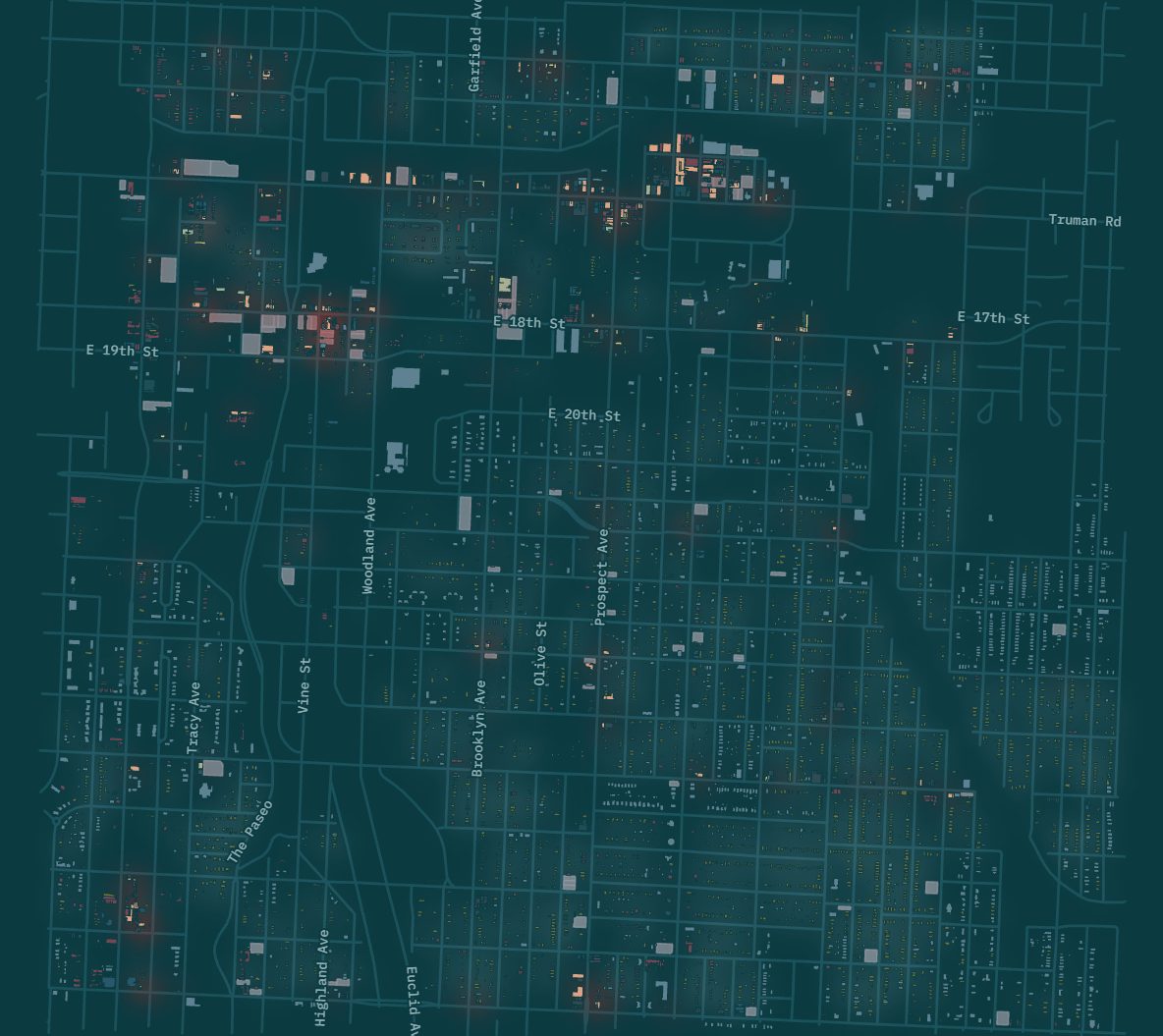 The same streets today: most of the glow is gone.