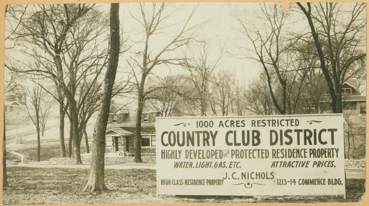 A J.C. Nichols sign in a wooded lot: 1000 acres restricted. Country Club District. Highly developed and protected residence property. Water, light, gas, etc. Attractive prices.